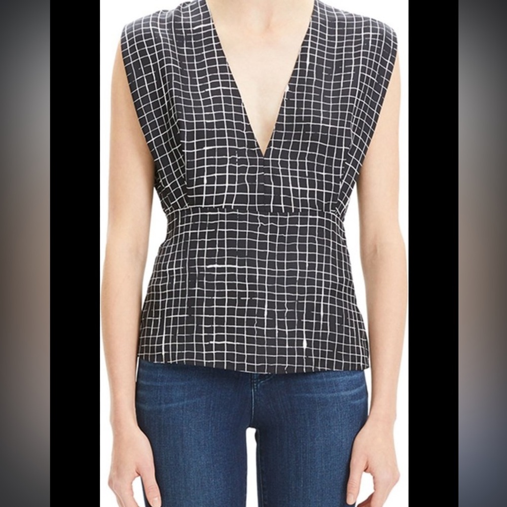 Theory Kimono Pleat Grid Print Silk Blouse